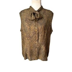 Vintage Jones New York Silk Sleeveless Bow Tie Blouse Spotted Olive Brown Preppy